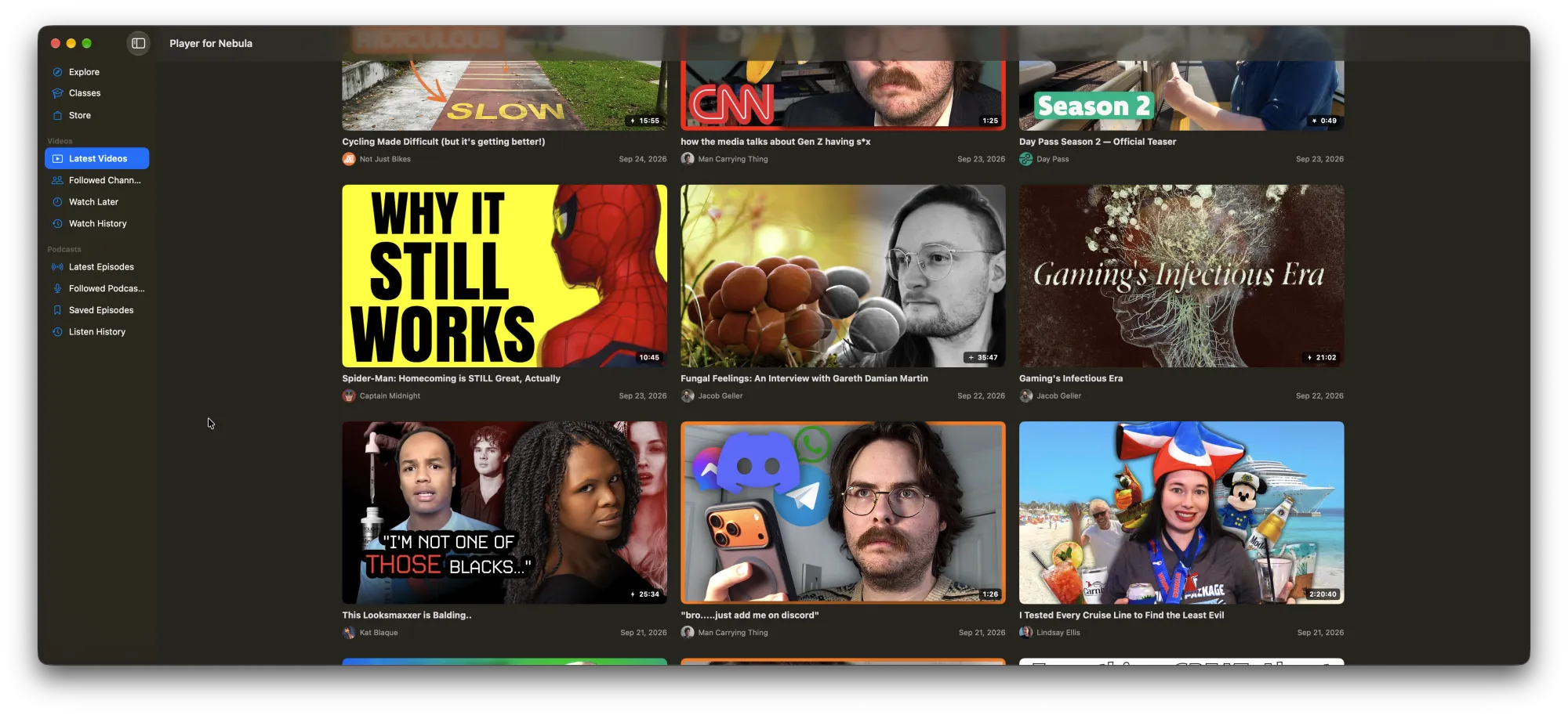 Player for Nebula showing a grid of the latest videos from followed channels, with a sidebar for videos and podcasts.